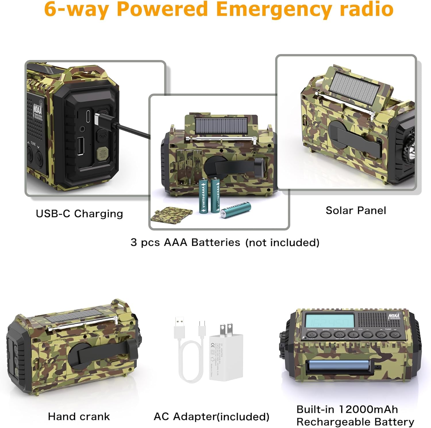 Emergency Radio with NOAA Weather Alert– 5000mAh Solar Hand Crank Portable AM/FM Shortwave Radio, Rechargeable Battery, USB Charger, Flashlight, SOS Alarm for Home Outdoor Hurricane Survival - Image 5