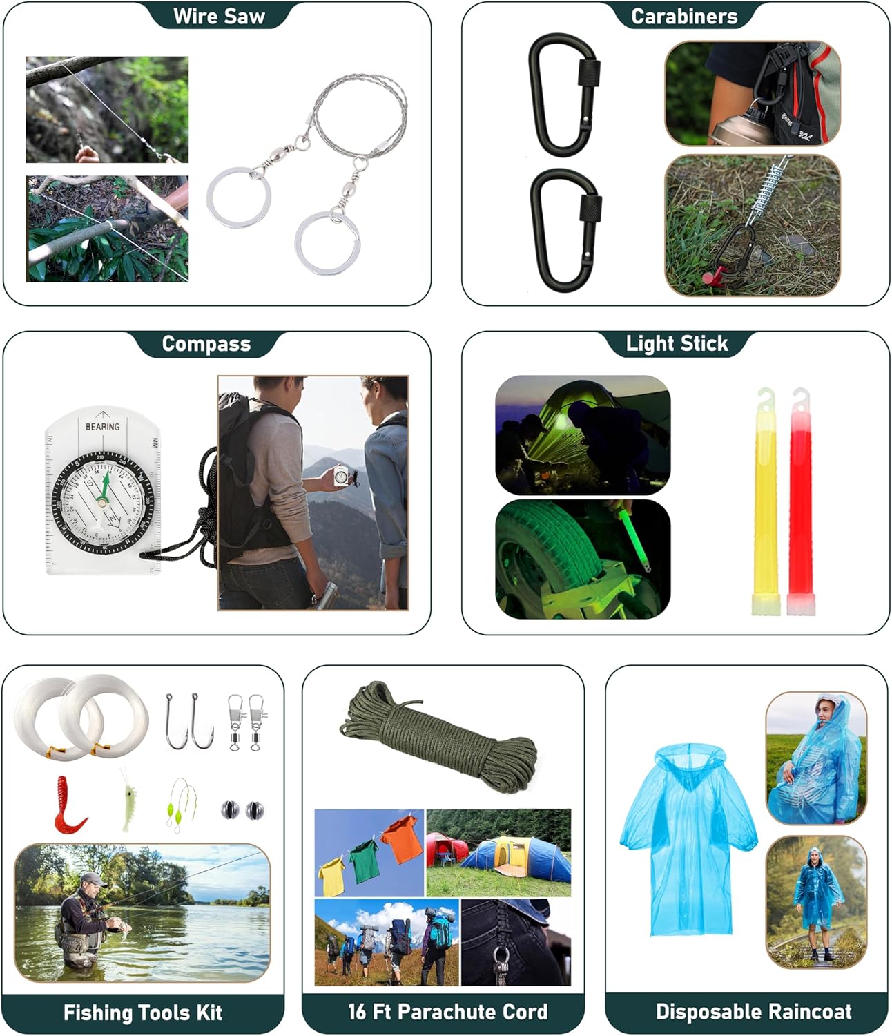 Survival Kit, 262Pcs Survival Gear and Supplies with First Aid Kit Pouch and Crossbody Bag, Emergency Kit with Tent, Camping Axe Hammer, Survival Shovel w/Pick, Bug Out Bag Gifts for Men Women - Image 5