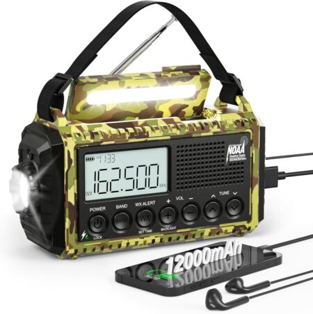 Emergency Radio with NOAA Weather Alert– 5000mAh Solar Hand Crank Portable AM/FM Shortwave Radio, Rechargeable Battery, USB Charger, Flashlight, SOS Alarm for Home Outdoor Hurricane Survival