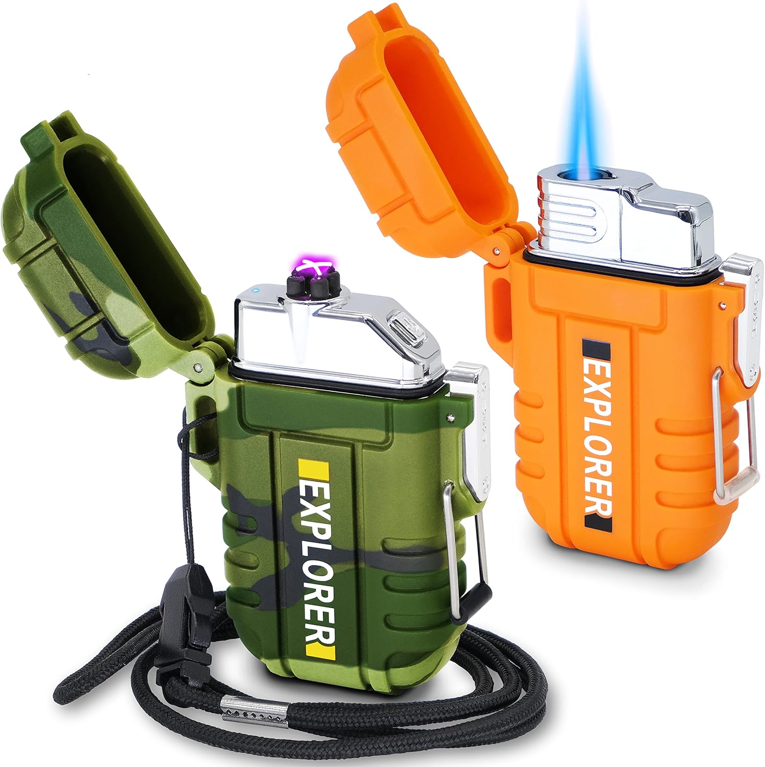 Waterproof electric lighters set with plasma arc and butane torch for outdoor survival