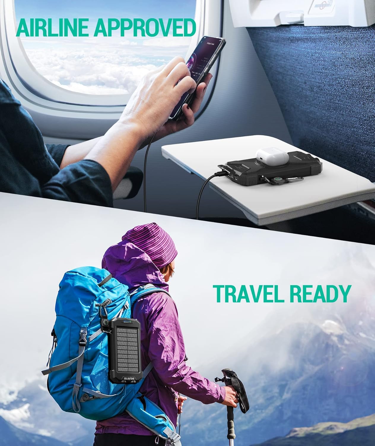 BLAVOR solar charger power bank in black and blue colors for hiking and camping