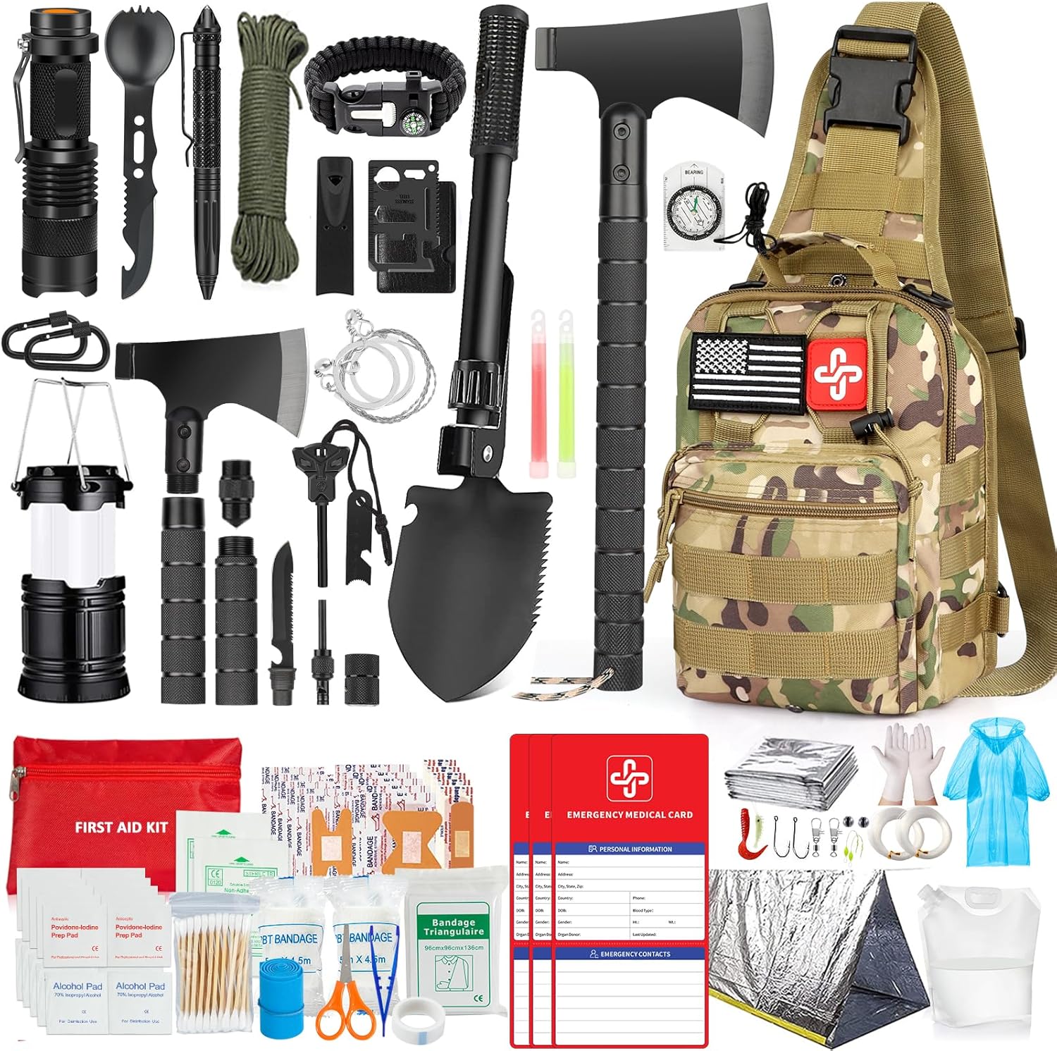 Survival Kit, 262Pcs Survival Gear and Supplies with First Aid Kit Pouch and Crossbody Bag, Emergency Kit with Tent, Camping Axe Hammer, Survival Shovel w/Pick, Bug Out Bag Gifts for Men Women - Image 3