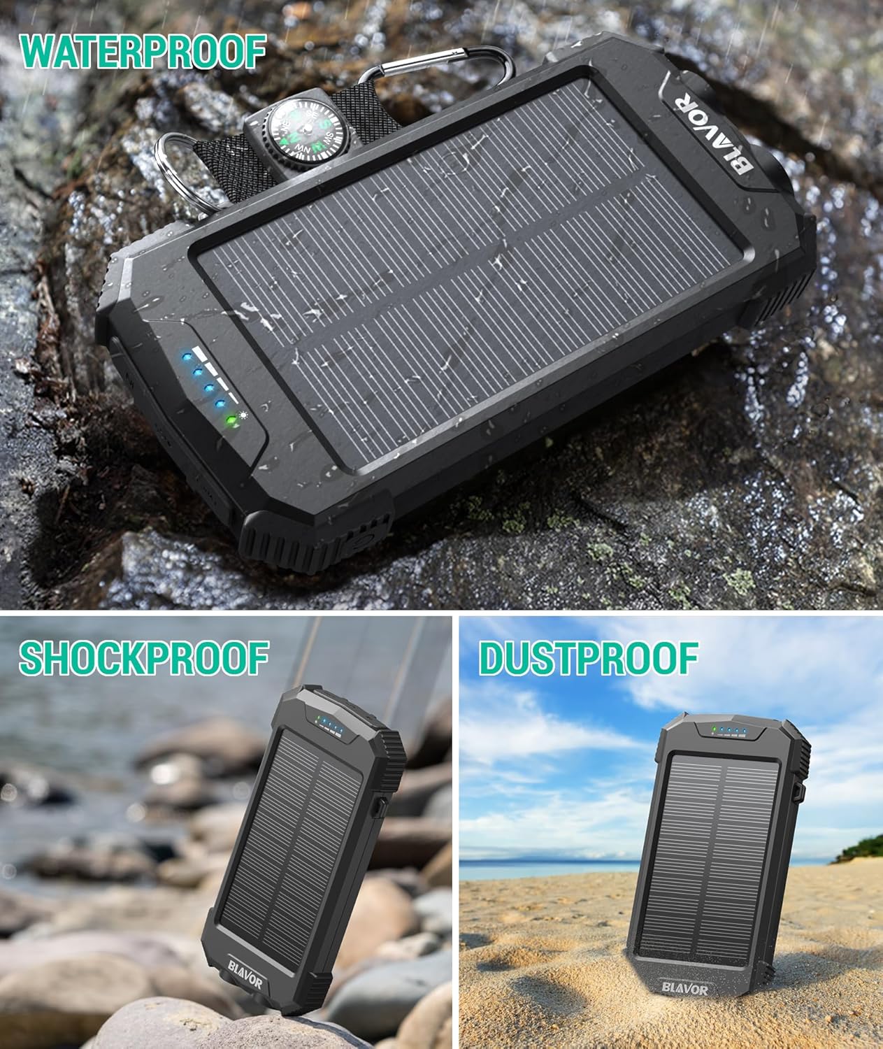 blavor solar power bank waterproof and dustproof for travel and emergencies