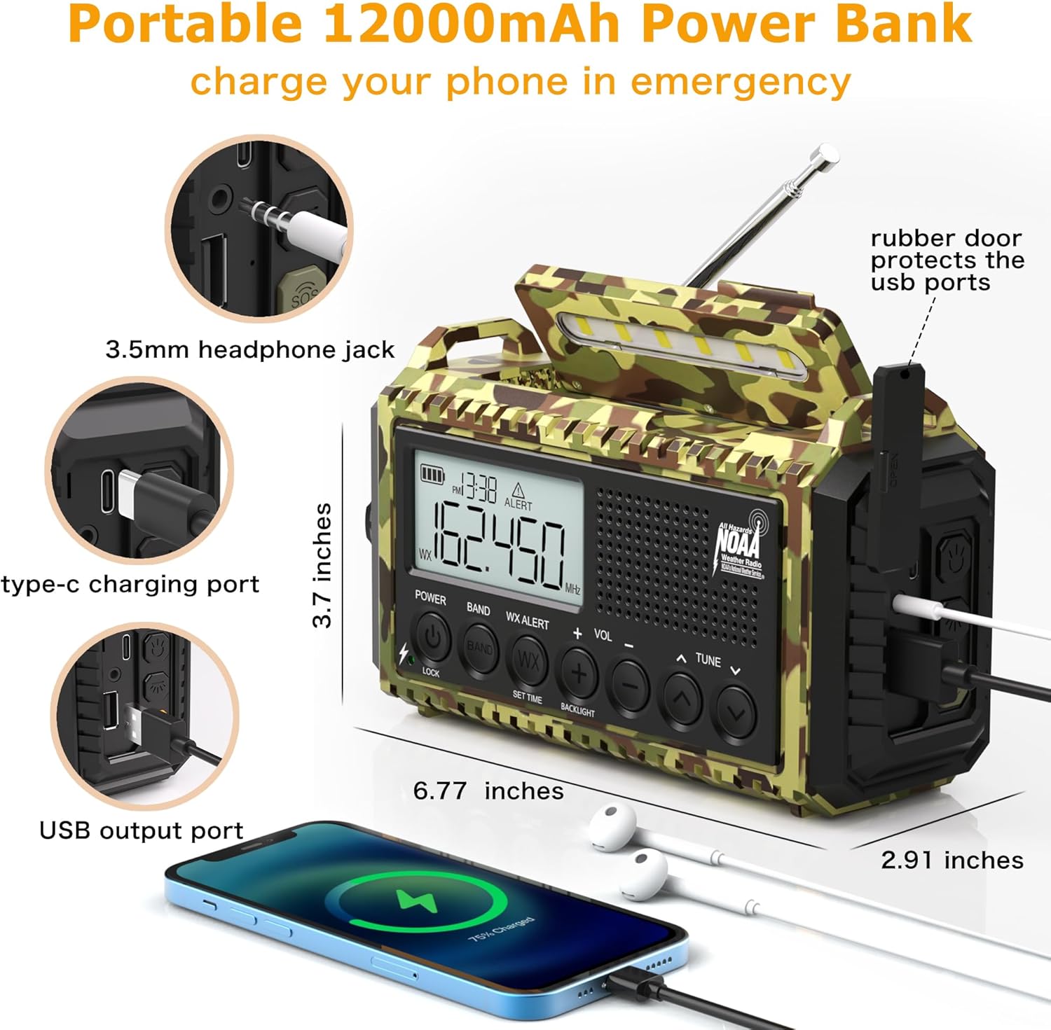 Emergency Radio with NOAA Weather Alert– 5000mAh Solar Hand Crank Portable AM/FM Shortwave Radio, Rechargeable Battery, USB Charger, Flashlight, SOS Alarm for Home Outdoor Hurricane Survival - Image 6
