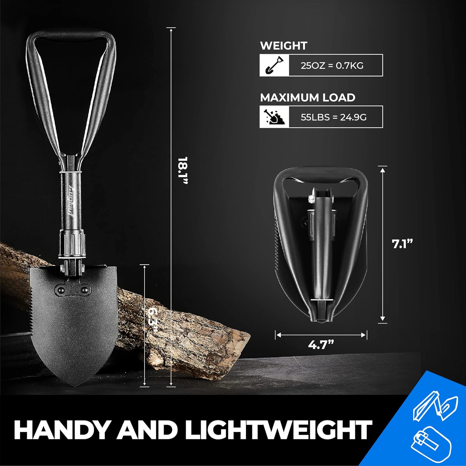 High-carbon steel camping shovel blade and triangular handle, durable and rust-resistant for hiking and outdoor survival