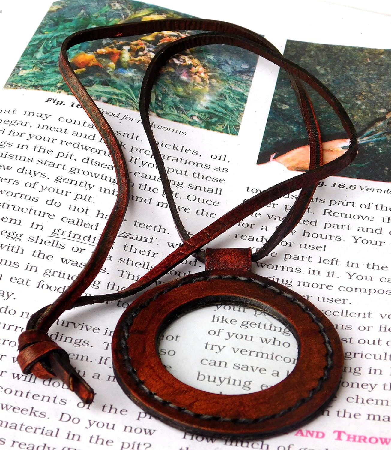 Nautical Vintage Leather Strap Necklace Magnifying Glass Magnifier Pendant - Image 3