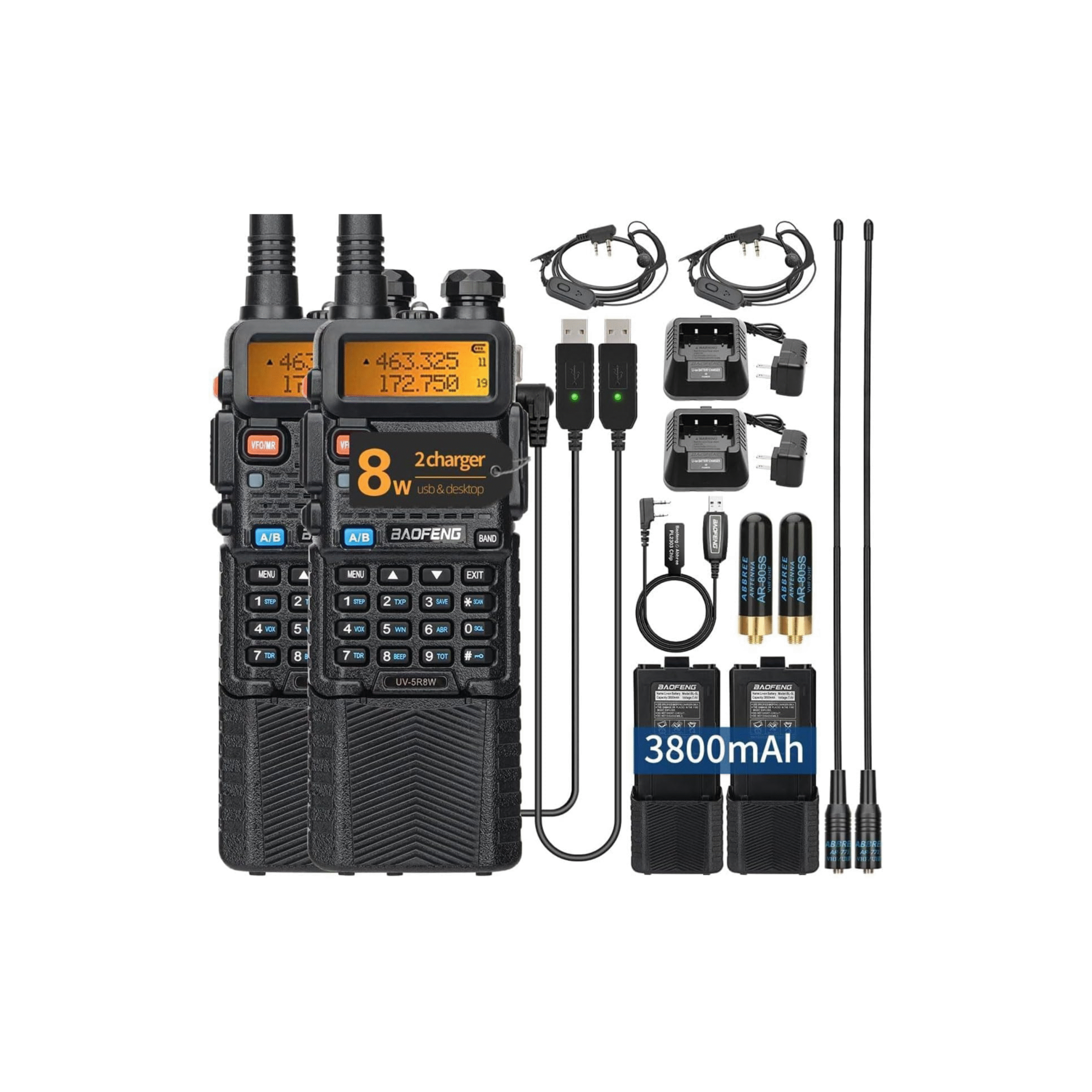 Baofeng UV-5R rechargeable walkie talkies long range dual band 2-pack with headset