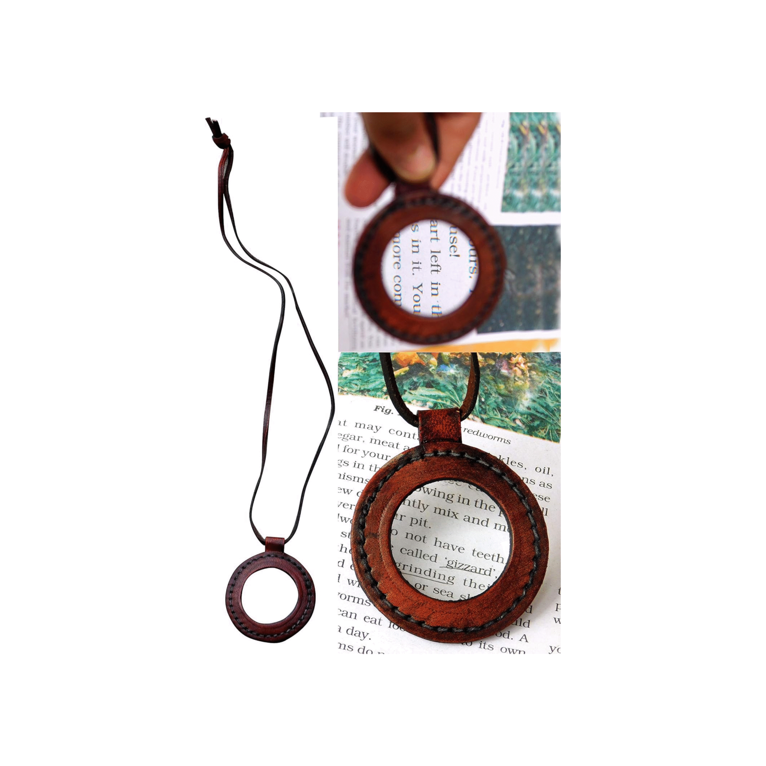 Nautical Vintage Leather Strap Necklace Magnifying Glass Magnifier Pendant