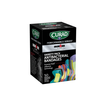 CURAD antibacterial bandages with extreme hold adhesive, flexible fabric, and assorted sizes for backpacking first aid kits and hiking emergencies