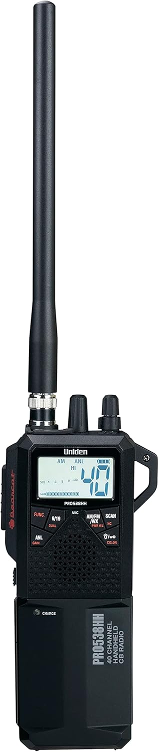 Uniden PRO538HHFM used as a handheld CB radio with whip antenna