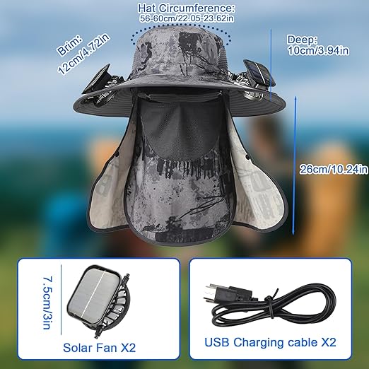 Solar fan hat showing two mini fans on front brim for outdoor cooling
