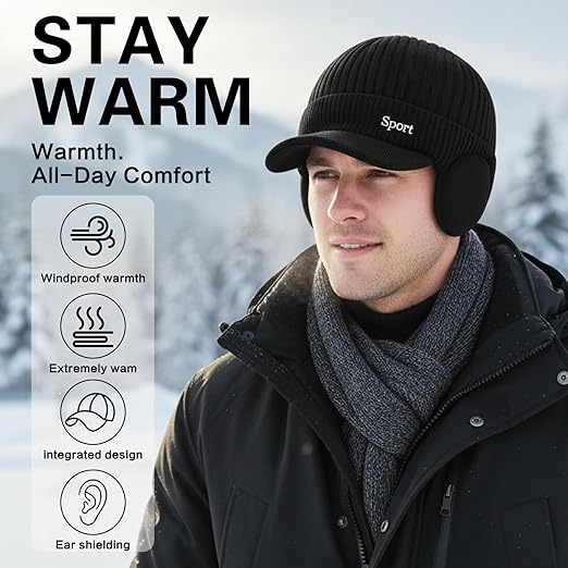Side view of winter beanie showing protective brim and lined ear flaps