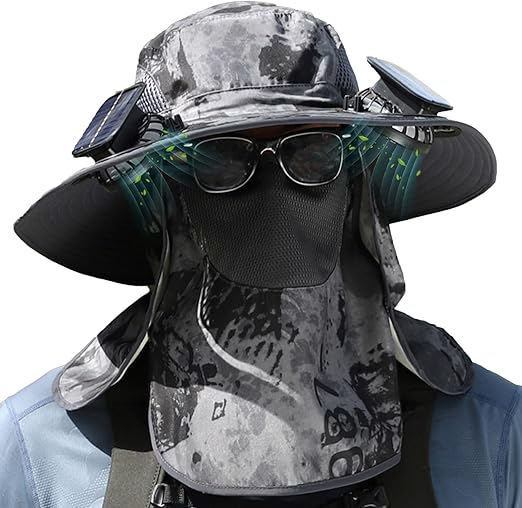 Black solar fan hat with dual fans, wide brim, neck flap, and face cover