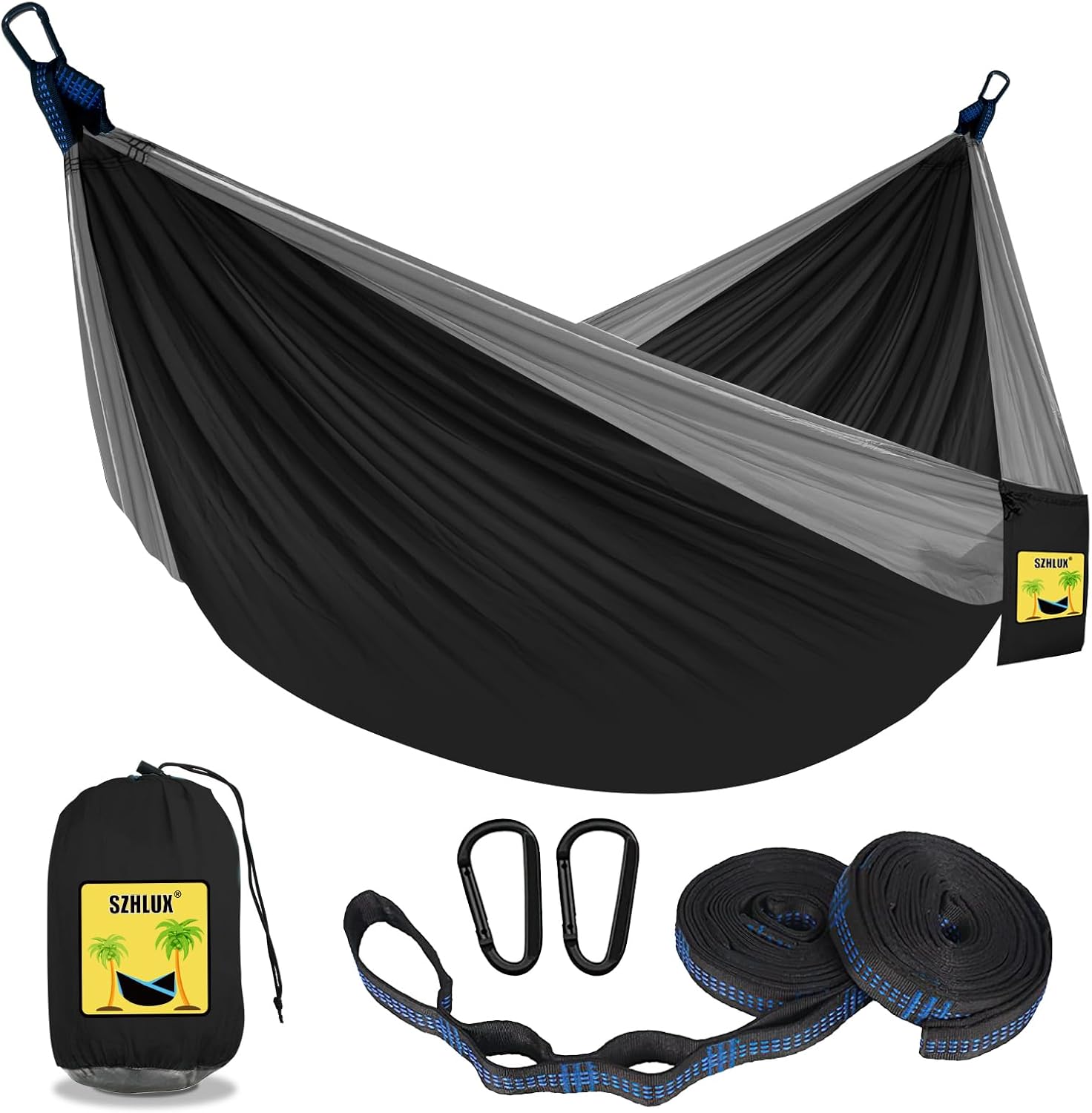 SZHLUX Camping Hammock Double & Single Portable Hammocks with 2 Tree Straps and Attached Carry Bag,Great for Outdoor,Indoor,Beach,Camping,Light Grey / Sky Blue