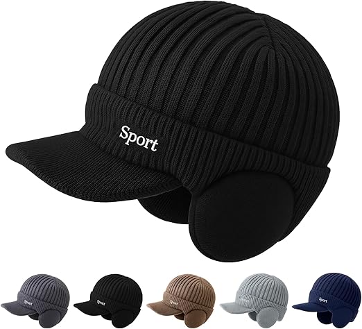 Winter beanie with brim and ear flaps in cozy knit design for men and women