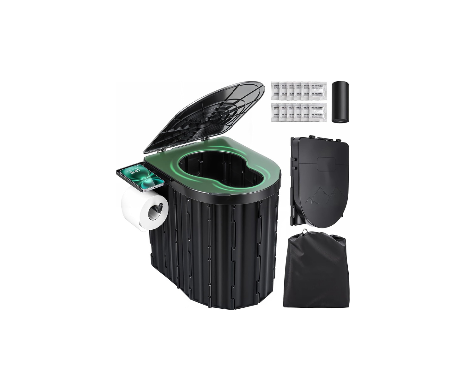 Sckee Camping Toilet with lid and built-in toilet paper holder in black, perfect for camping and RV trips
