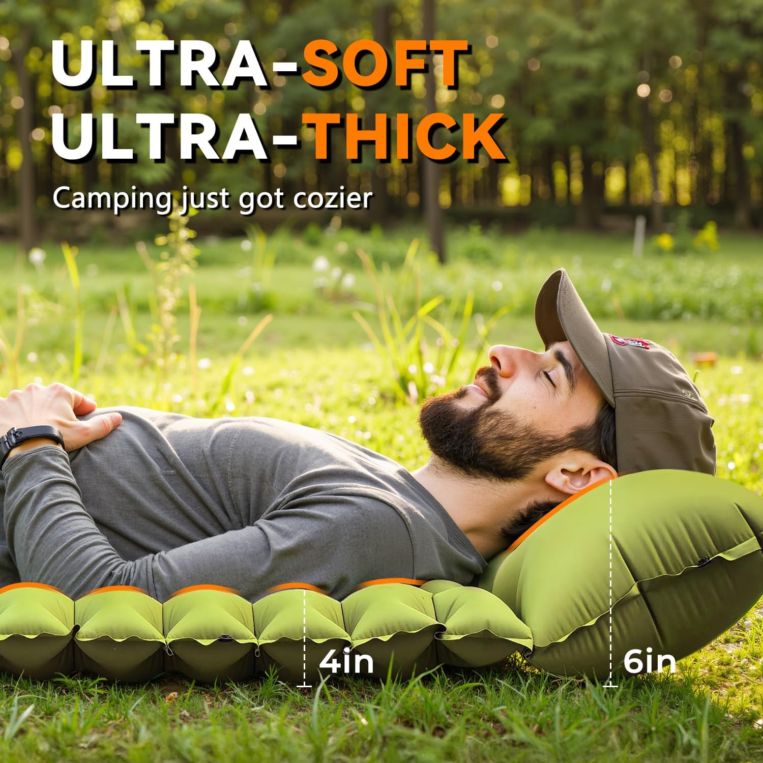 Extra thick inflatable sleeping pad providing full body support on uneven ground